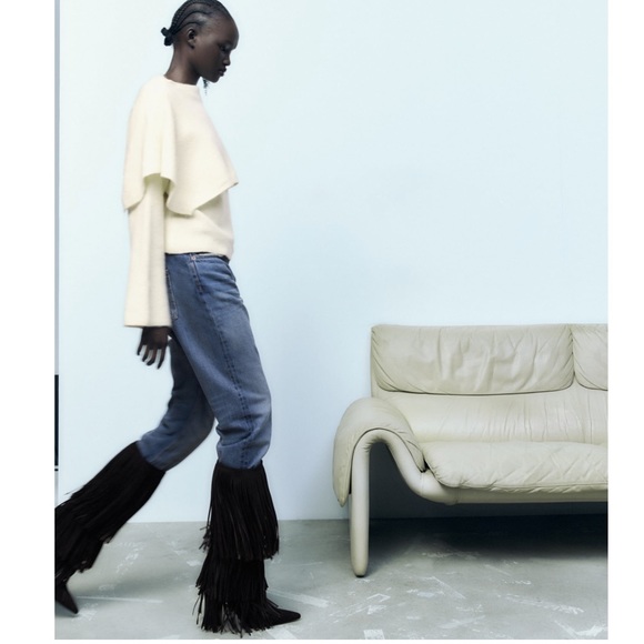Zara FRINGED HEELED LEATHER KNEE HIGH BOOTS - Picture 9 of 9